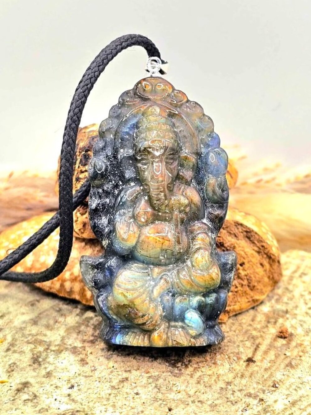 Nature Labradorite Carved Elephant God Ganesha Pendant Necklace
